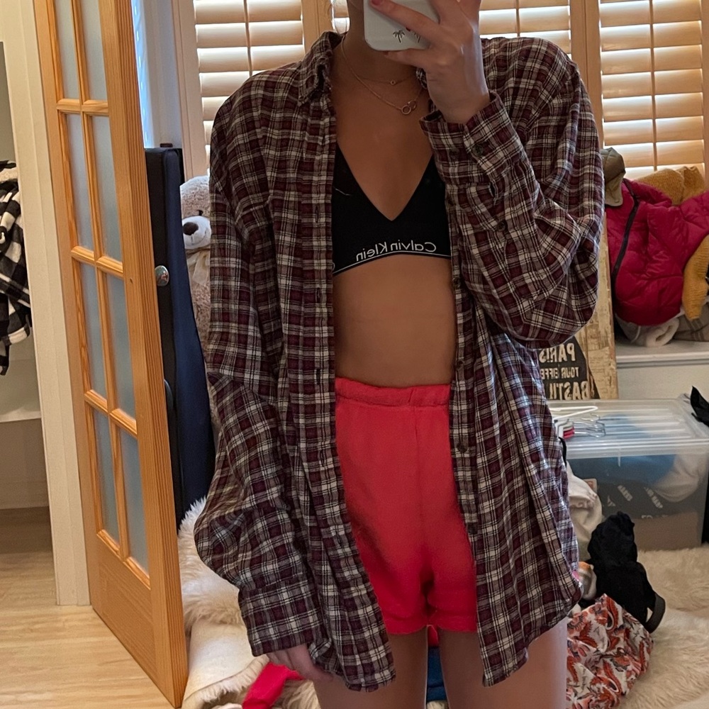 LF Plaid Button-Up Shirt Jacket in Burgundy and White